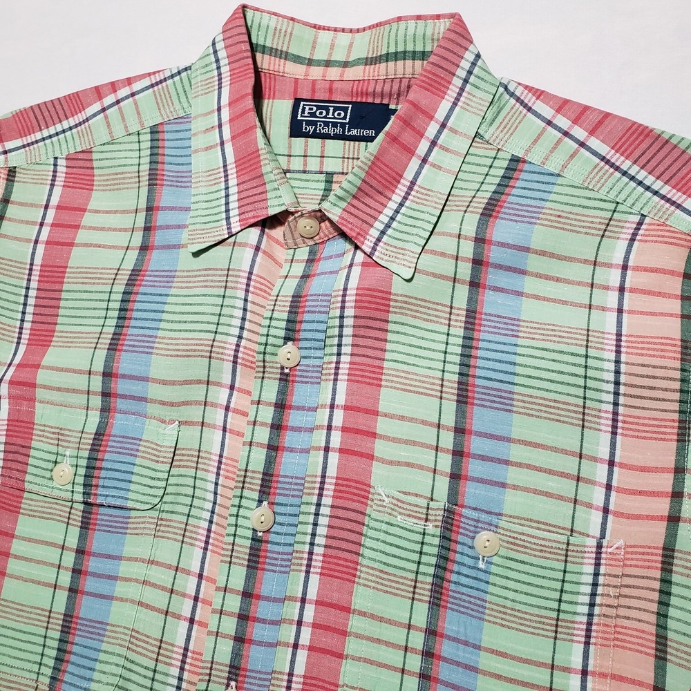 Polo Ralph Lauren Short Sleeve Button Front Linen Cotton Mens Large Plaid